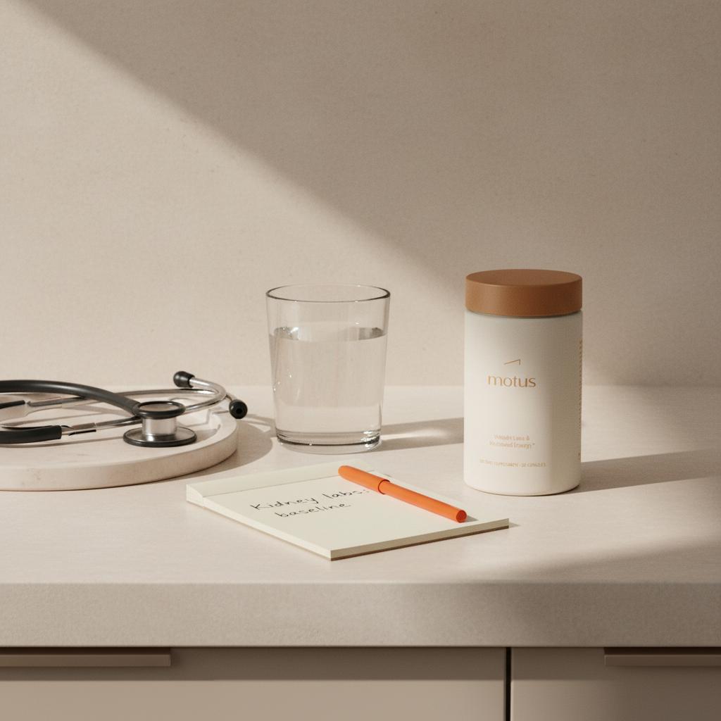 Is garcinia cambogia safe for kidneys? Tonum supplement container on a tidy kitchen counter next to a notepad reading 'Kidney labs: baseline', a glass of water and a stethoscope edge.