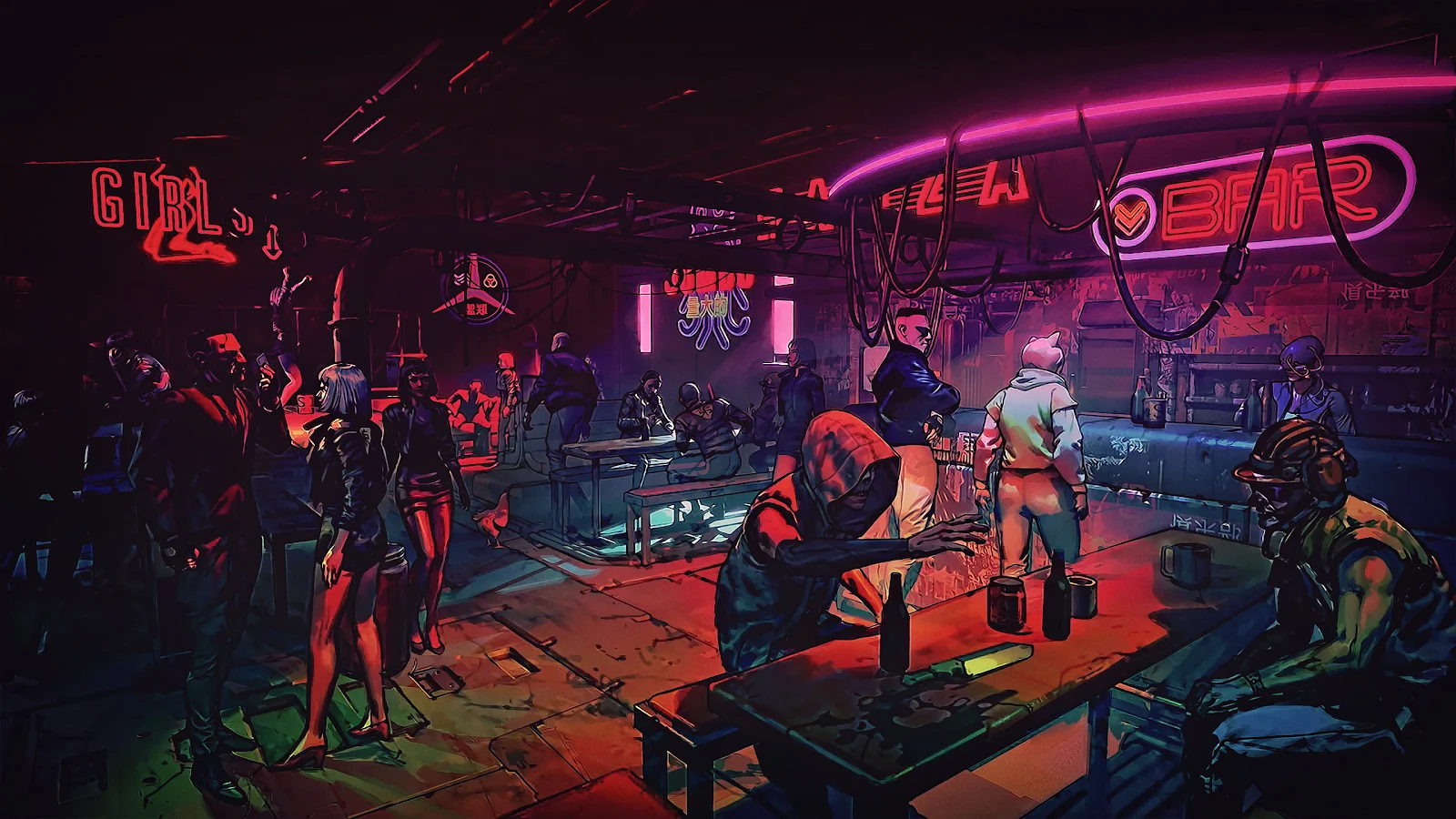 Futuristic Bar Illustration Neon Art 4K (3840x2160) HD Wallpaper Background