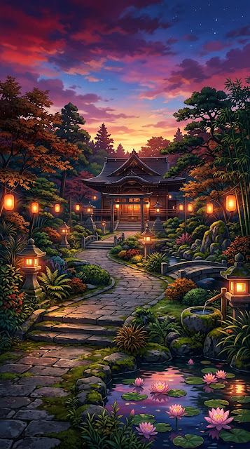 Japanese Anime Style Temple Garden at Dusk with Lanterns and Lotus - Free mobile Wallpaper