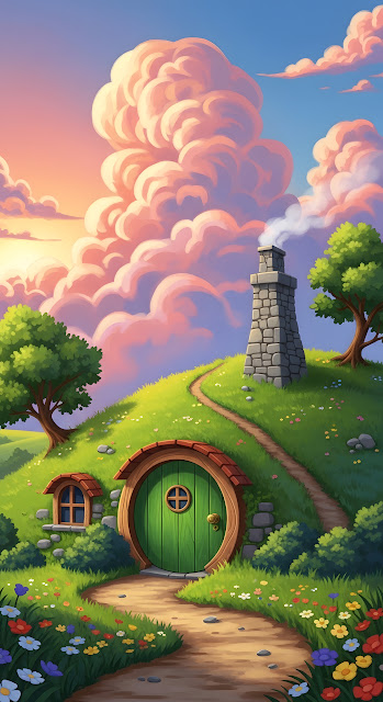 Fantasy Hobbit House Under a Pink Sunset Sky - Free mobile Wallpaper