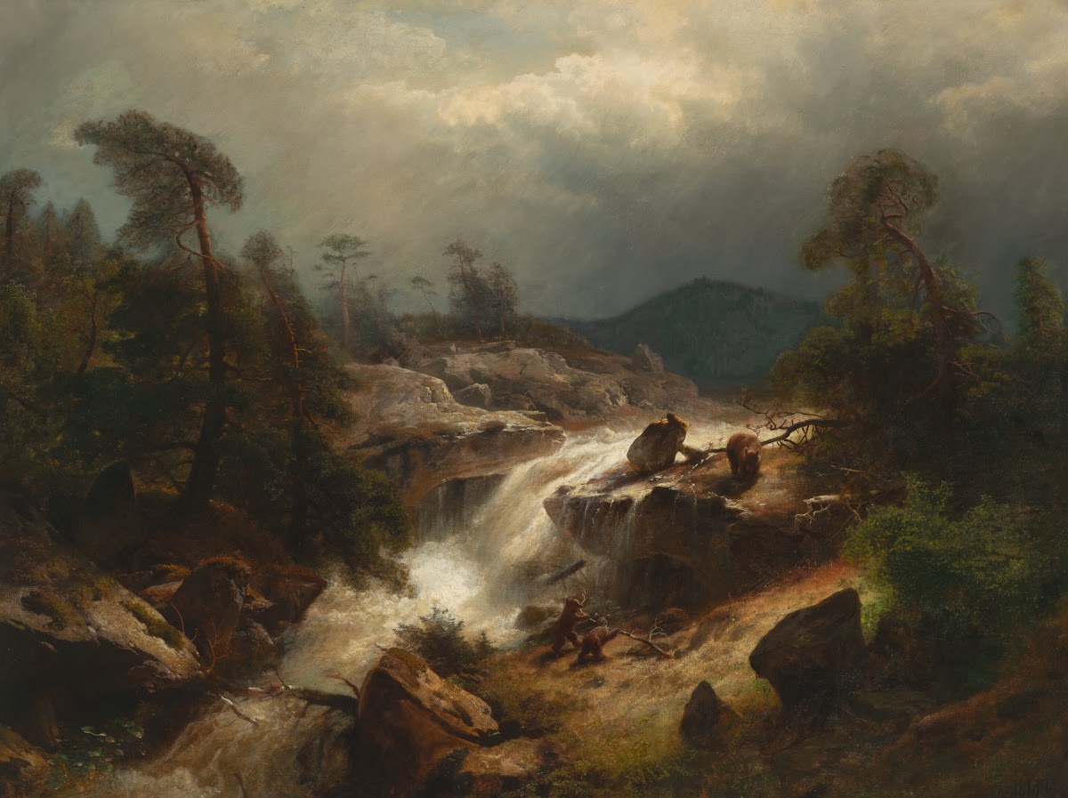 Two Cubs and Their Mother by a Waterfall 1867