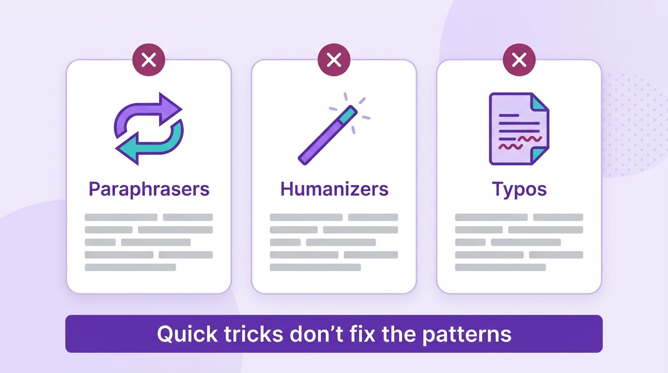 Paraphrasers, humanizers and typos: quick tricks don't fix the patterns