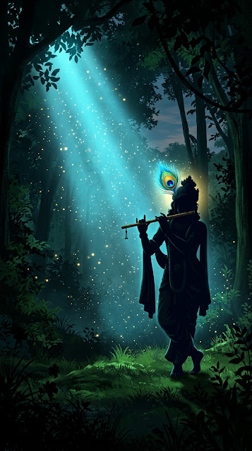 Silhouette of Lord Krishna Playing Flute in Mystical Forest - Free mobile Wallpaper