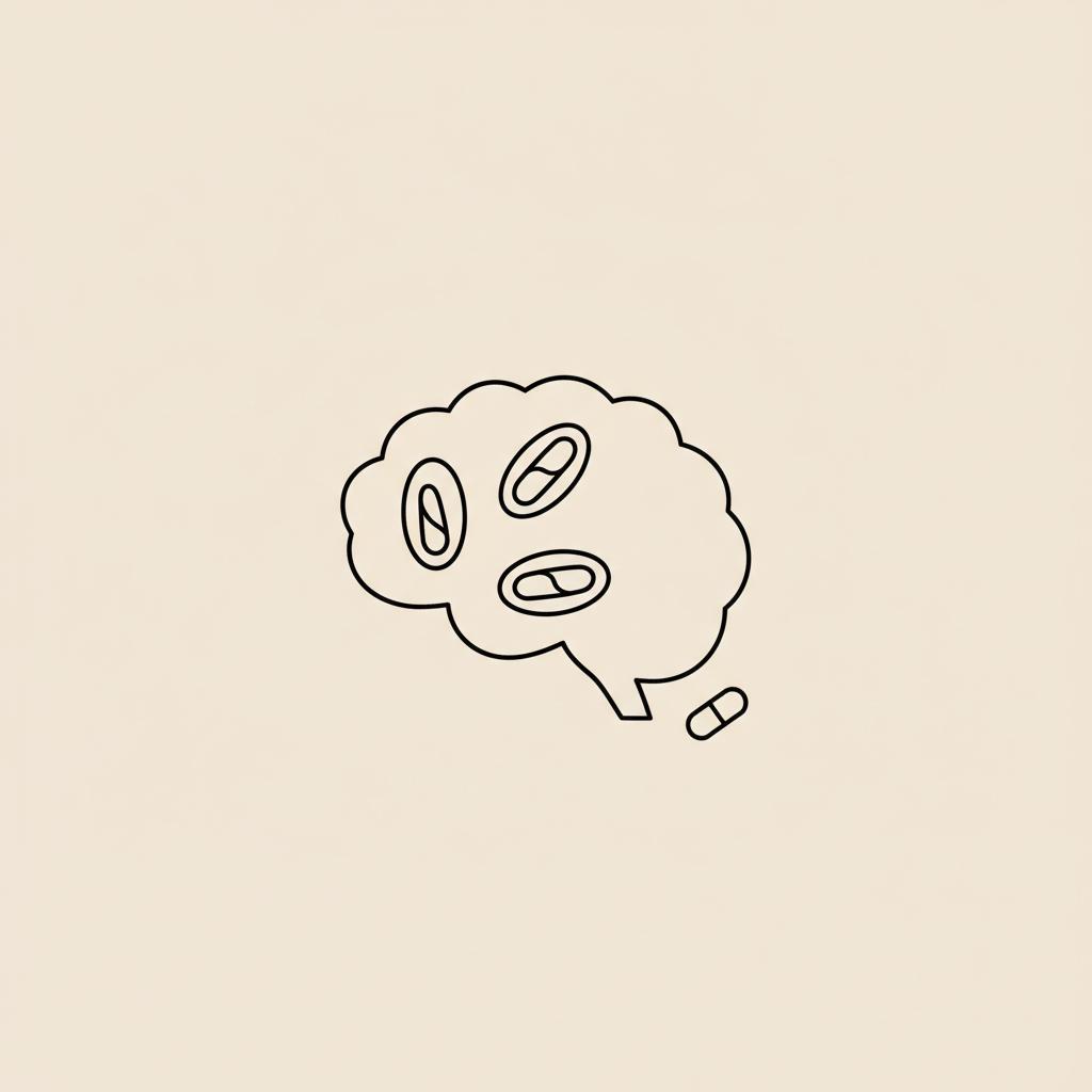 Minimalist line illustration of a brain with small stylized mitochondria and a capsule on a beige background, symbolizing brain energy