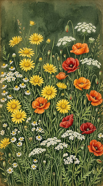 Illustration of a Vibrant Meadow of Assorted Wildflowers - Free mobile Wallpaper