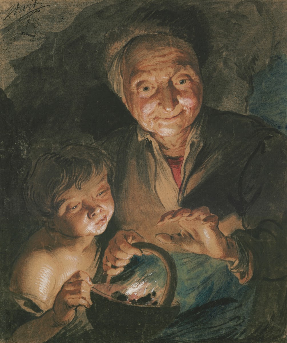 Old woman and boy warming their hands After Peter Paul Rubens