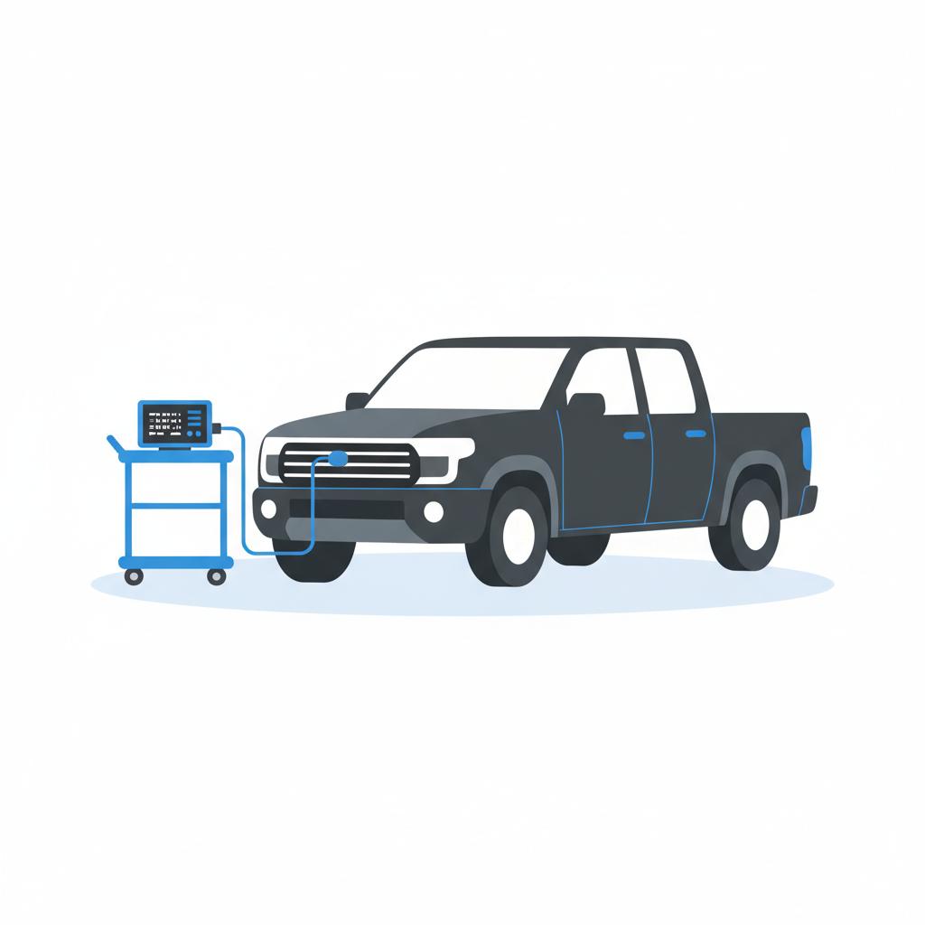 Minimalist 2D vector of pickup truck with diagnostic scan tool connected showing logged codes on white background, no people, used chevy silverado for sale