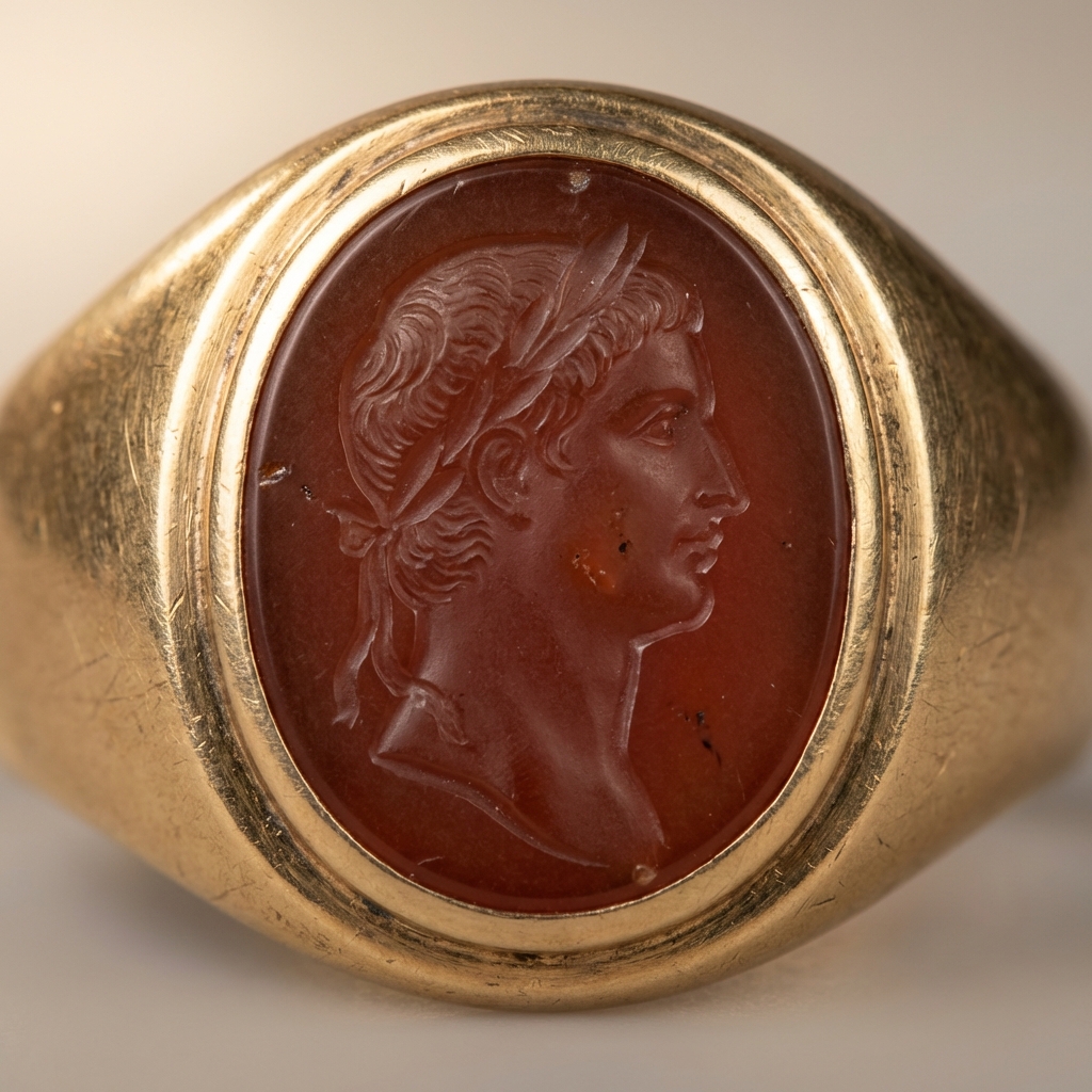 Macro photograph of a gold signet ring with carnelian intaglio showing a Roman profile and visible shoulder wear ancient roman jewelry on a soft beige ede7da background