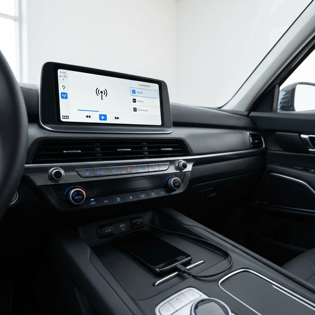 Close up of Kia Telluride infotainment and center controls with phone connected showing phone icon minimalist white background CarFax Deals blue accents kia telluride for sale