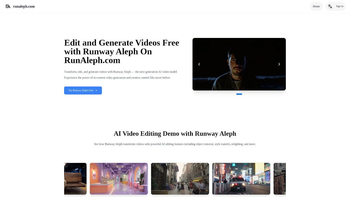 Captura de RunAleph.com: Free AI Video Editing with Runway Aleph