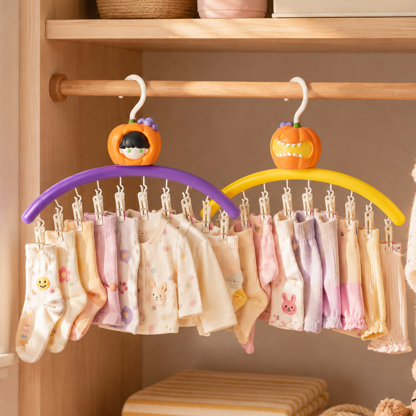 Clothes rack with clips, pumpkin design
