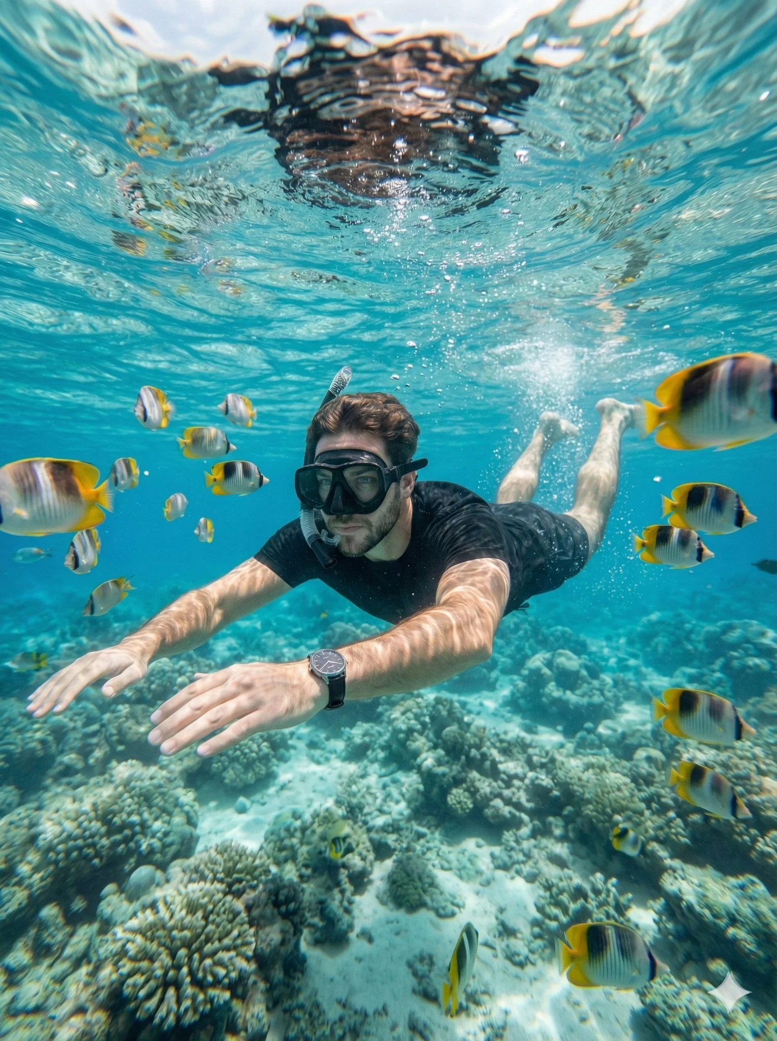 Crea un retrato hiperrealista a corta distancia bajo el agua, capturado con una cámara de acción gran angular en un...