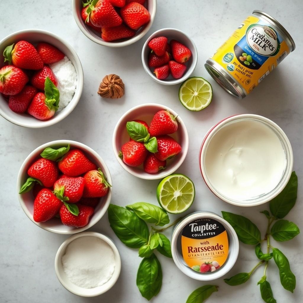 Ingredients for Roasted Strawberry Basil Lime Ice Cream Recipe – Easy Homemade Summer Treat
