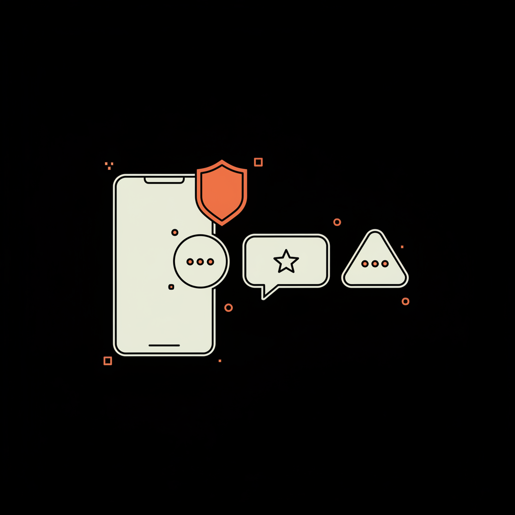 Minimal 2D vector infographic of a smartphone with review bubbles and a shield overlay illustrating how to delete a review on my iPhone