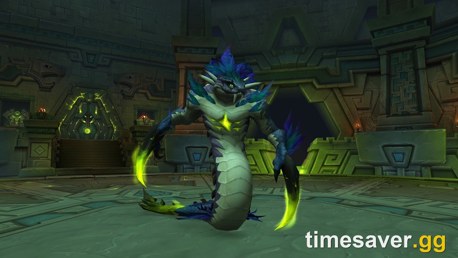 Serpent boss coiled in an Amani stone hall inside the new Patch 12.1 Altar of Fangs dungeon, part of the Midnight Season 2 Mythic+ pool