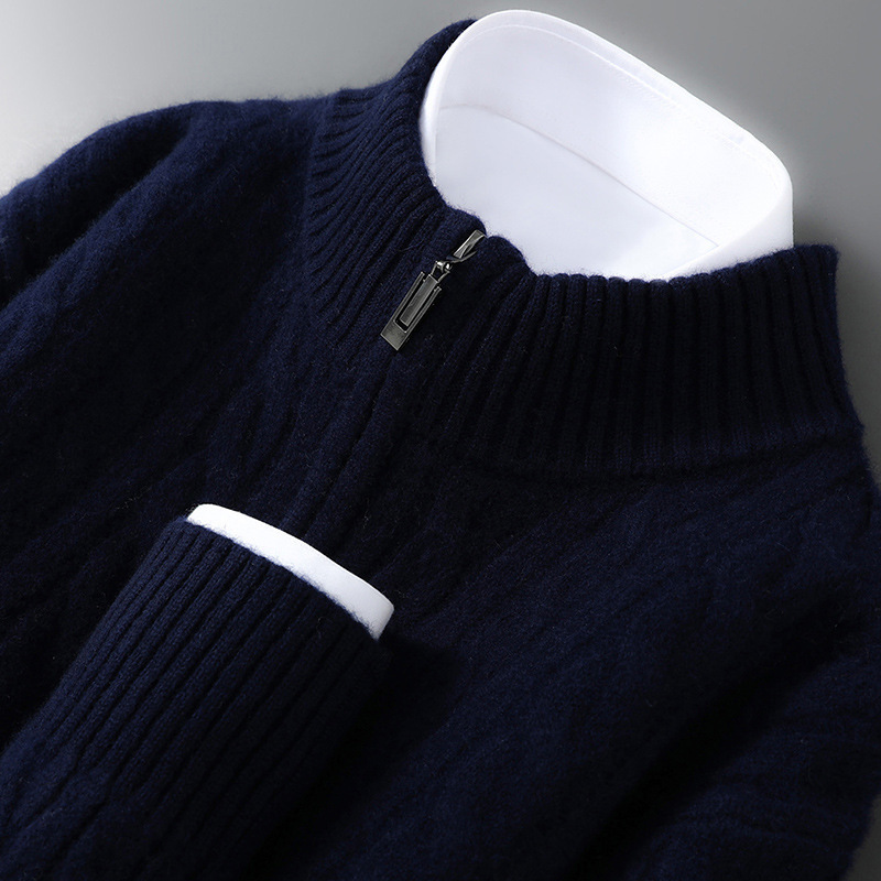 Men's wool sweater, 100% wool, zipper, cable pattern