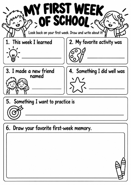 My First Week of School Reflection Worksheet