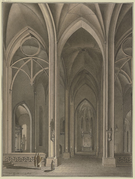 Blick in die Seitenkapelle einer gotischen Kirche in Abendbeleuchtung im Vorderg