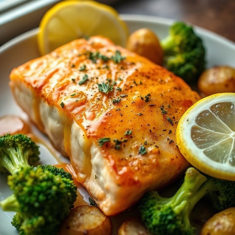 Lemon Butter Salmon with Crispy Potatoes & Broccoli – Quick & Easy Sunday Dinner finished