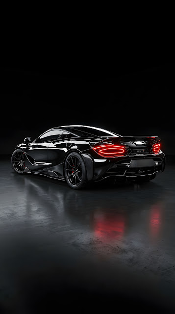 Rear View of a Sleek Black Supercar with Glowing Red Neon Taillights - Free mobile Wallpaper