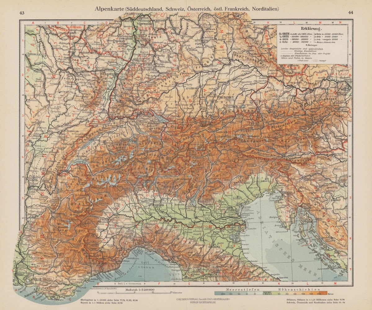 Alpenkarte Suddeutschland Schweiz Osterreich ostl Franreich Norditalien 1926