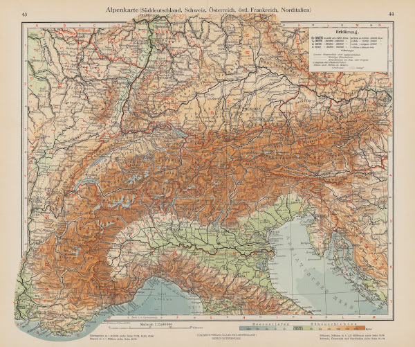 Alpenkarte Suddeutschland Schweiz Osterreich ostl Franreich Norditalien 1926