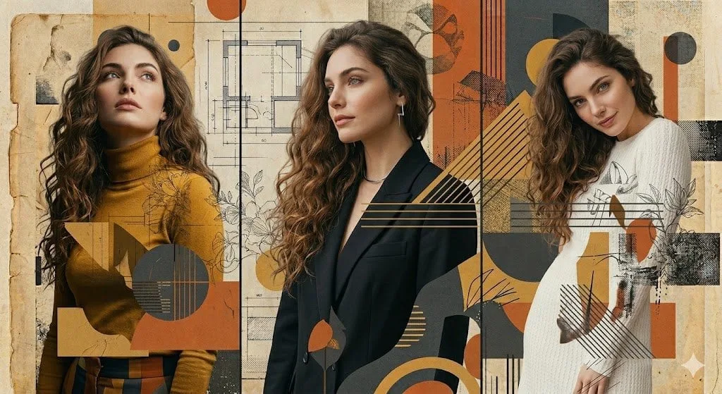 Una composición fotorrealista de tres paneles de alta resolución que muestra a una mujer con cabello castaño largo, voluminoso y ondulado...
