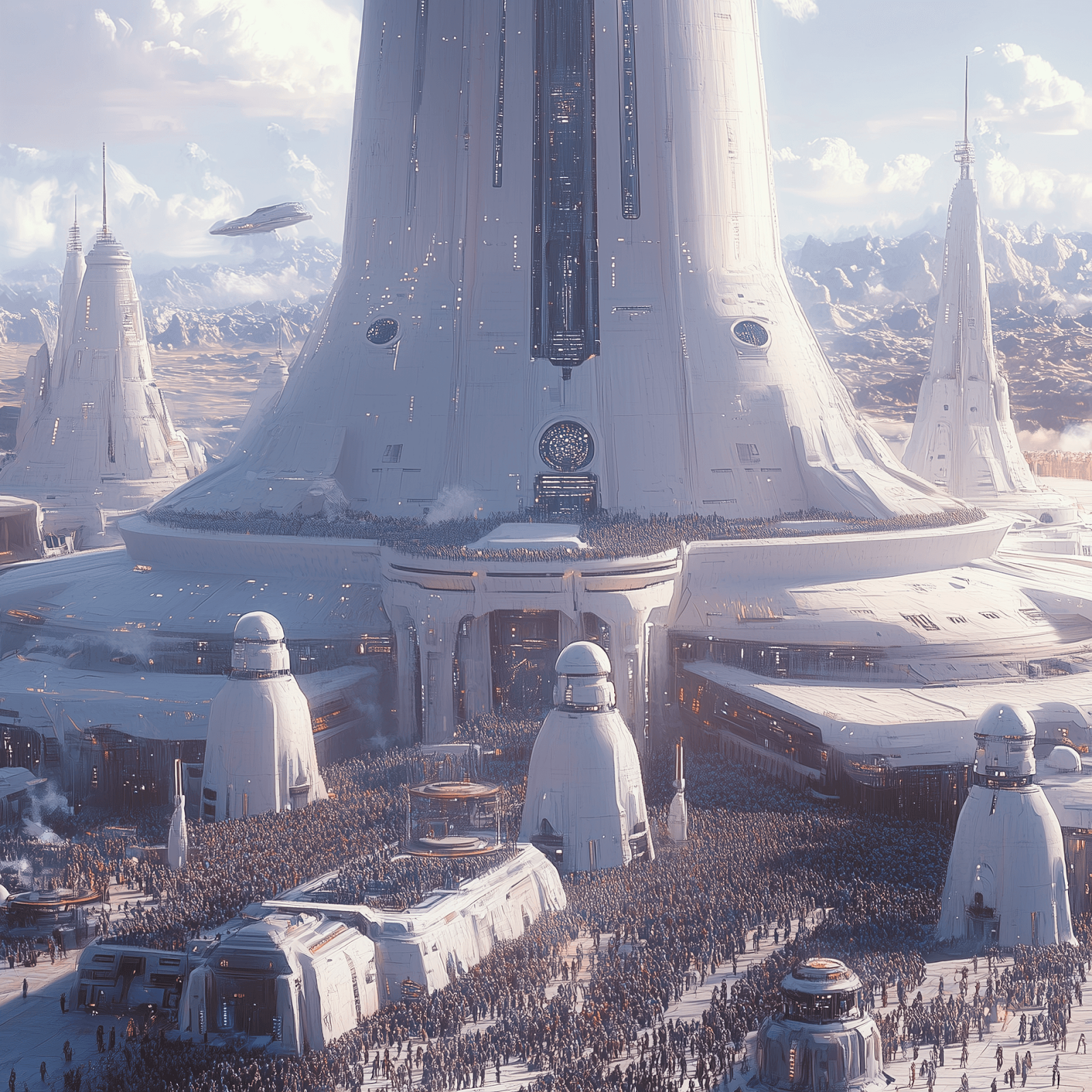 Un puerto espacial futurista con gente