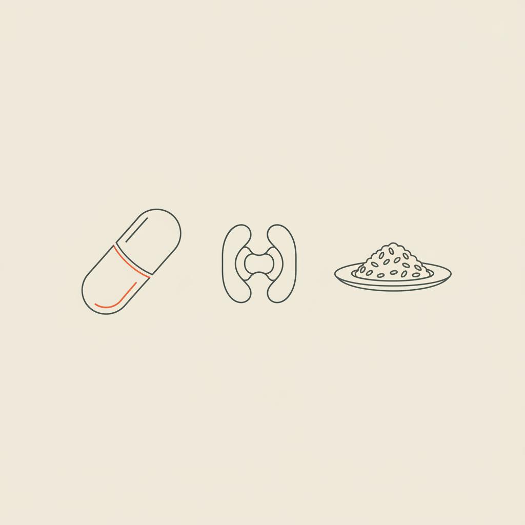 Minimal Tonum-style line illustration of a supplement capsule, stylized mitochondrion, and plate of rice on beige background — alpha lipoic acid bodybuilding