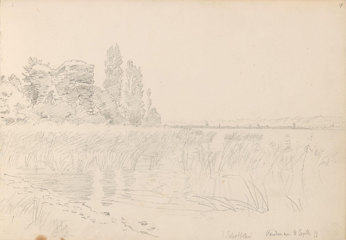 Strand med ruin og popler Reichenau 1879