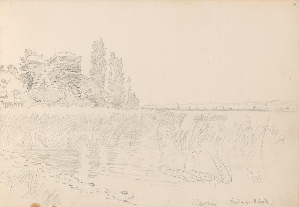 Strand med ruin og popler Reichenau 1879