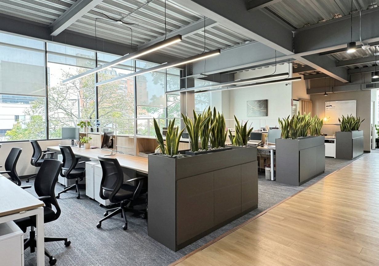 Dekorasi tanaman hijau biophilic design ruang kantor terbuka COCOUP