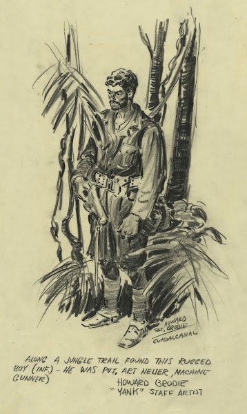 Along a jungle trail found this rugged boy inf  he was Pvt Art Neuer machine gun