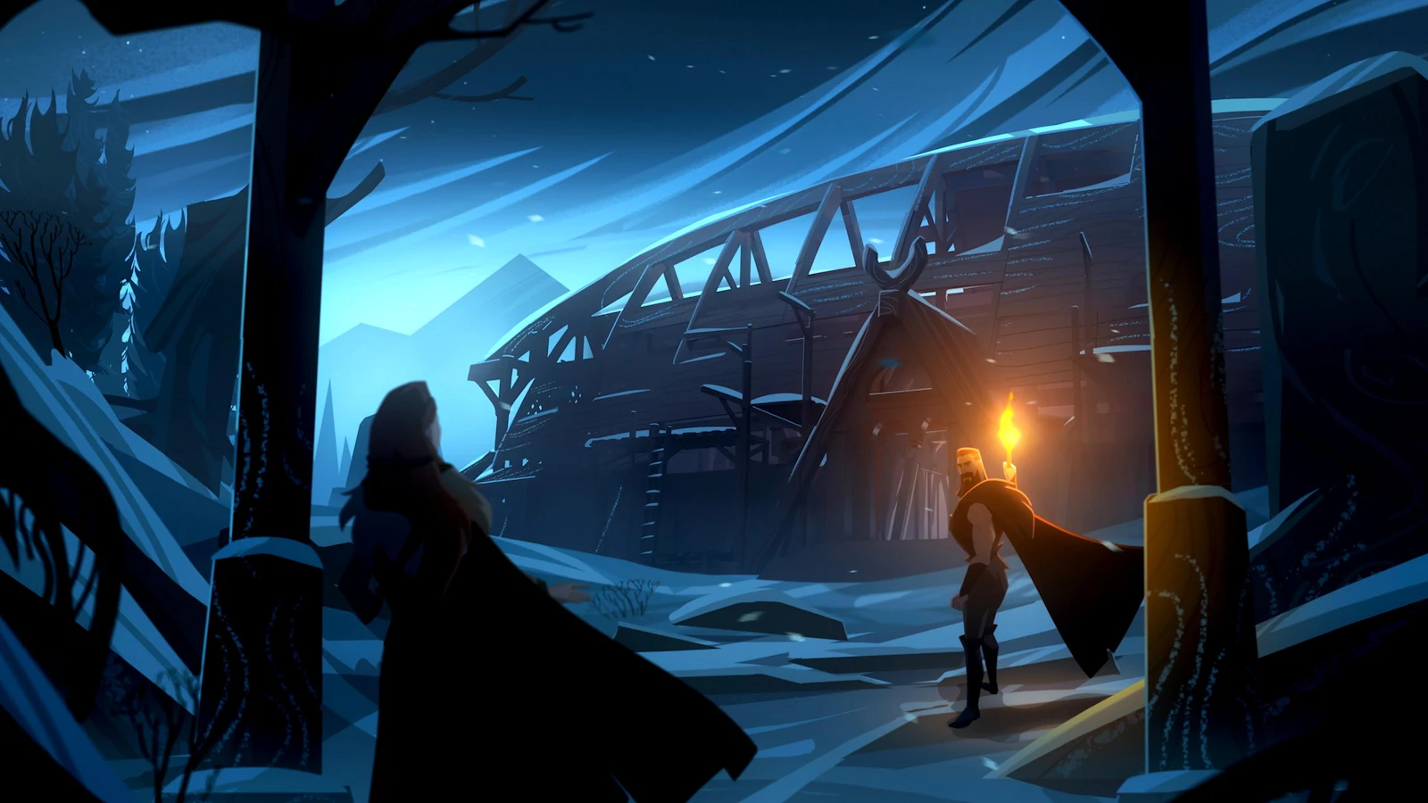 Viking Longhouse Night Scene - Digital Illustration 4K Wallpaper (3840x2160)