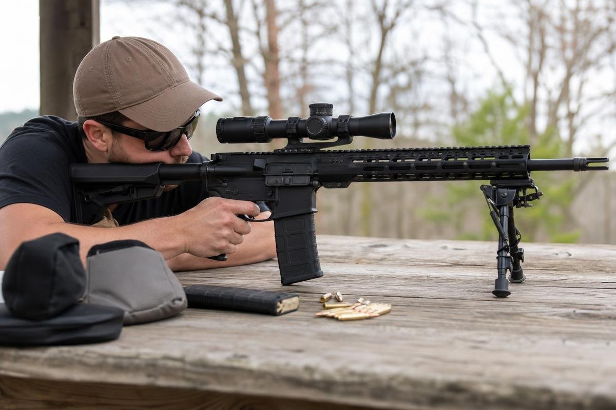 Low-power variable optic mounted on an AR-15 rifle