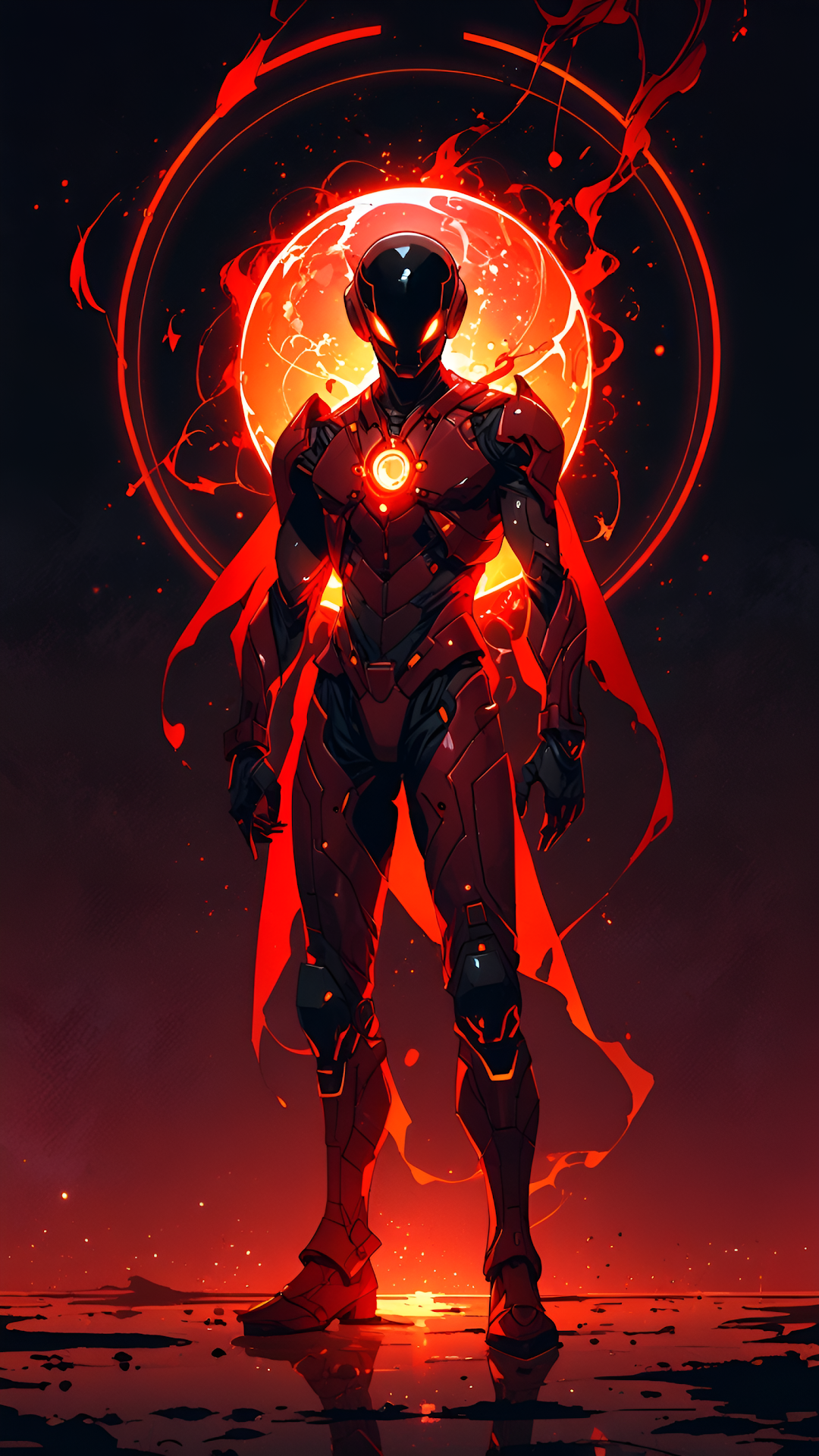 Futuristic Red Armored Hero Against Fiery Solar Orb - Free 4K mobile Wallpaper