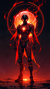 Futuristic Red Armored Hero Against Fiery Solar Orb