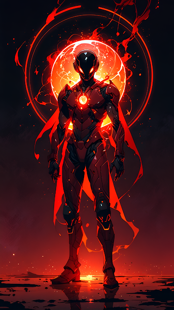 Futuristic Red Armored Hero Against Fiery Solar Orb - Free mobile Wallpaper