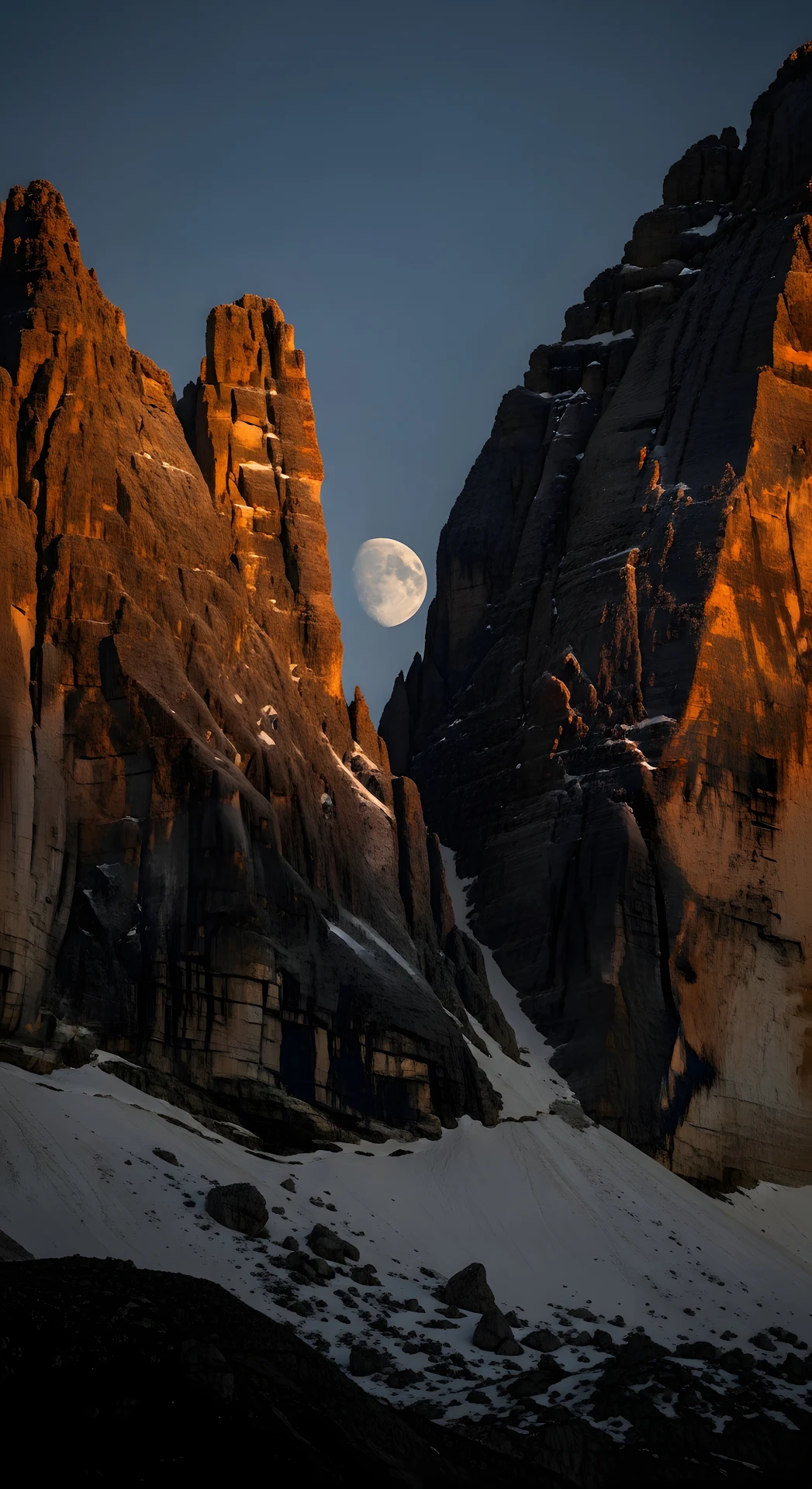 Jagged Rocky Mountain Peaks with Alpenglow and Obscured Moon - Free 4K mobile Wallpaper