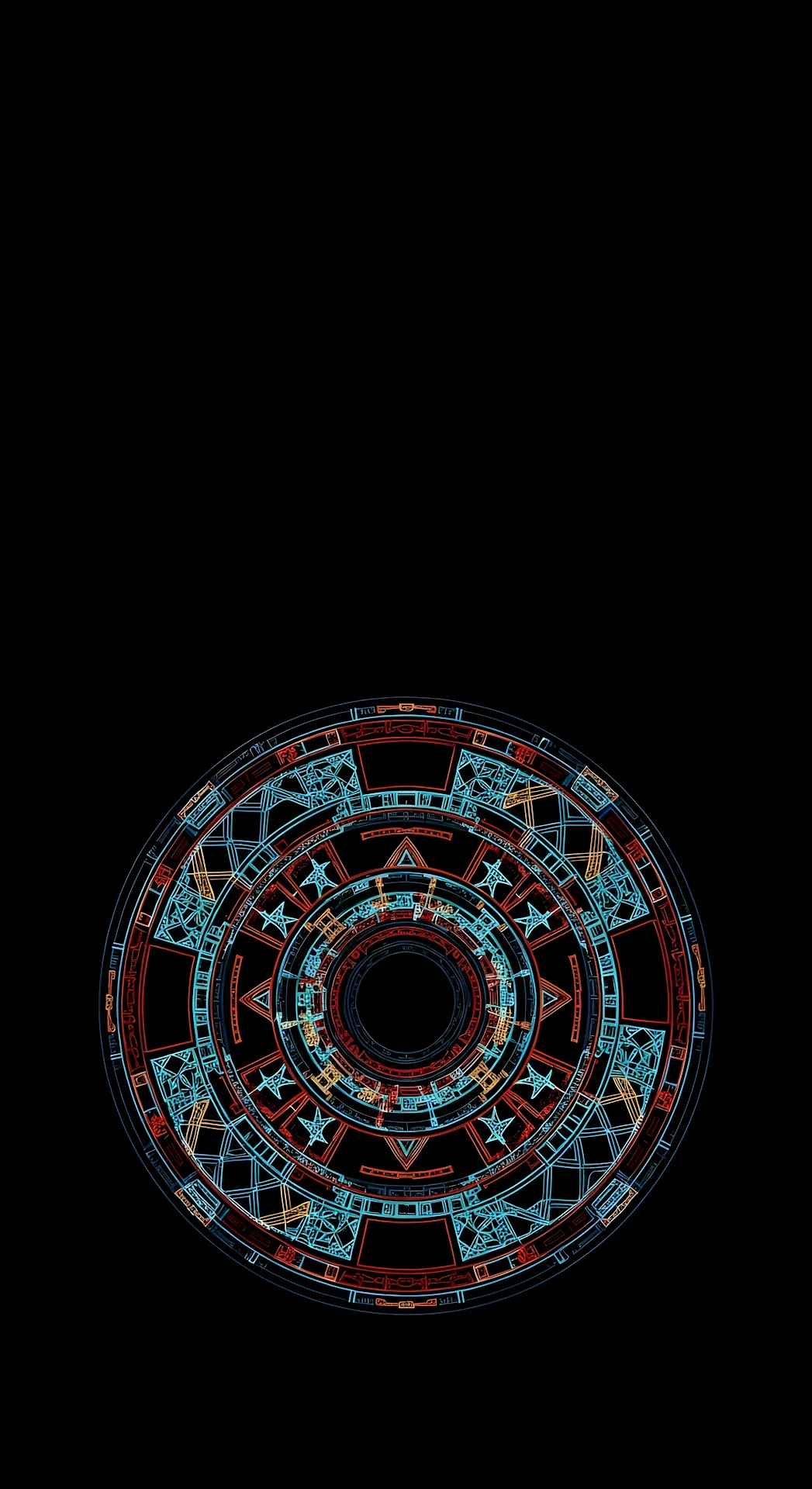 Intricate Dark Circular Tribal Geometric Pattern with Neon Line Art Details - Free 4K mobile Wallpaper