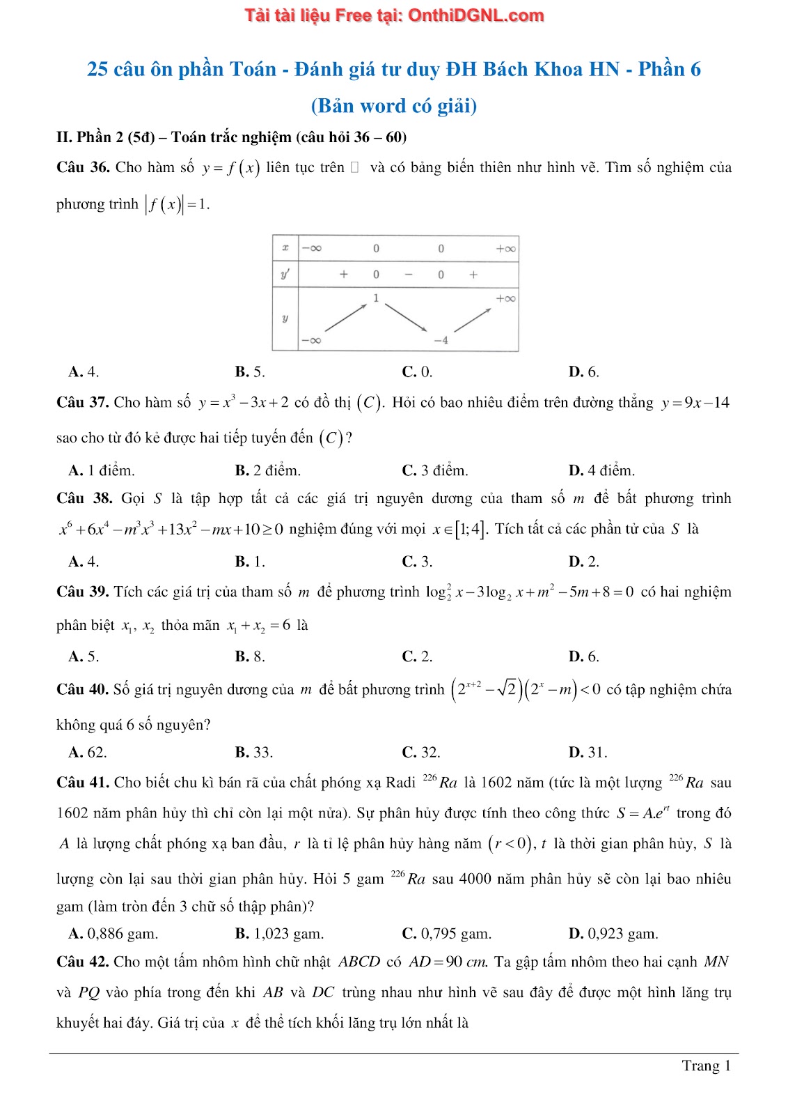 475 bài tập môn Toán - Ôn thi ĐGTD ĐH Bách Khoa Hà Nội Phần 6