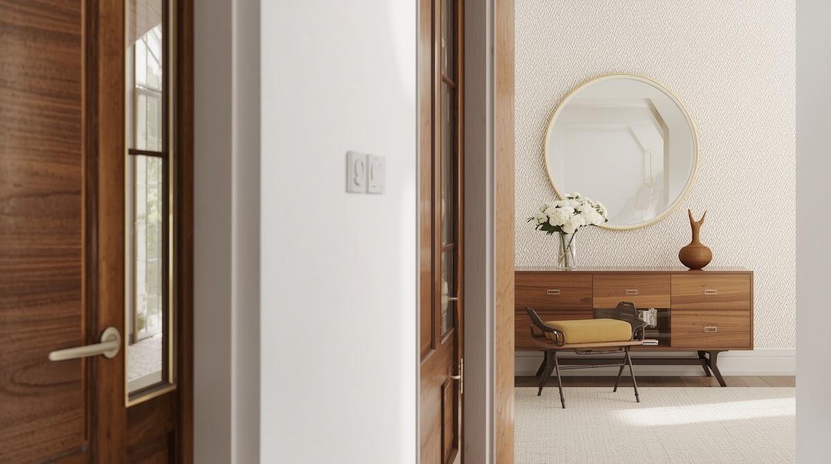 How to Brighten a Dark Entryway With Chrome Wall Decor - chrome wood textile and neutral color palette mood board