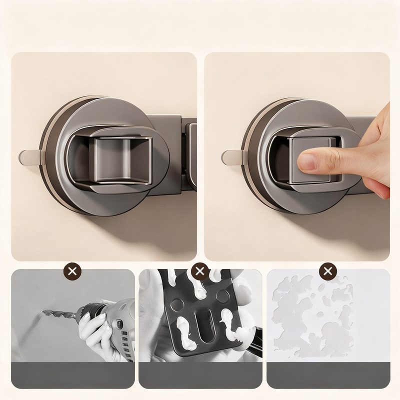 Suction cup holder for brooms and cleaning tools