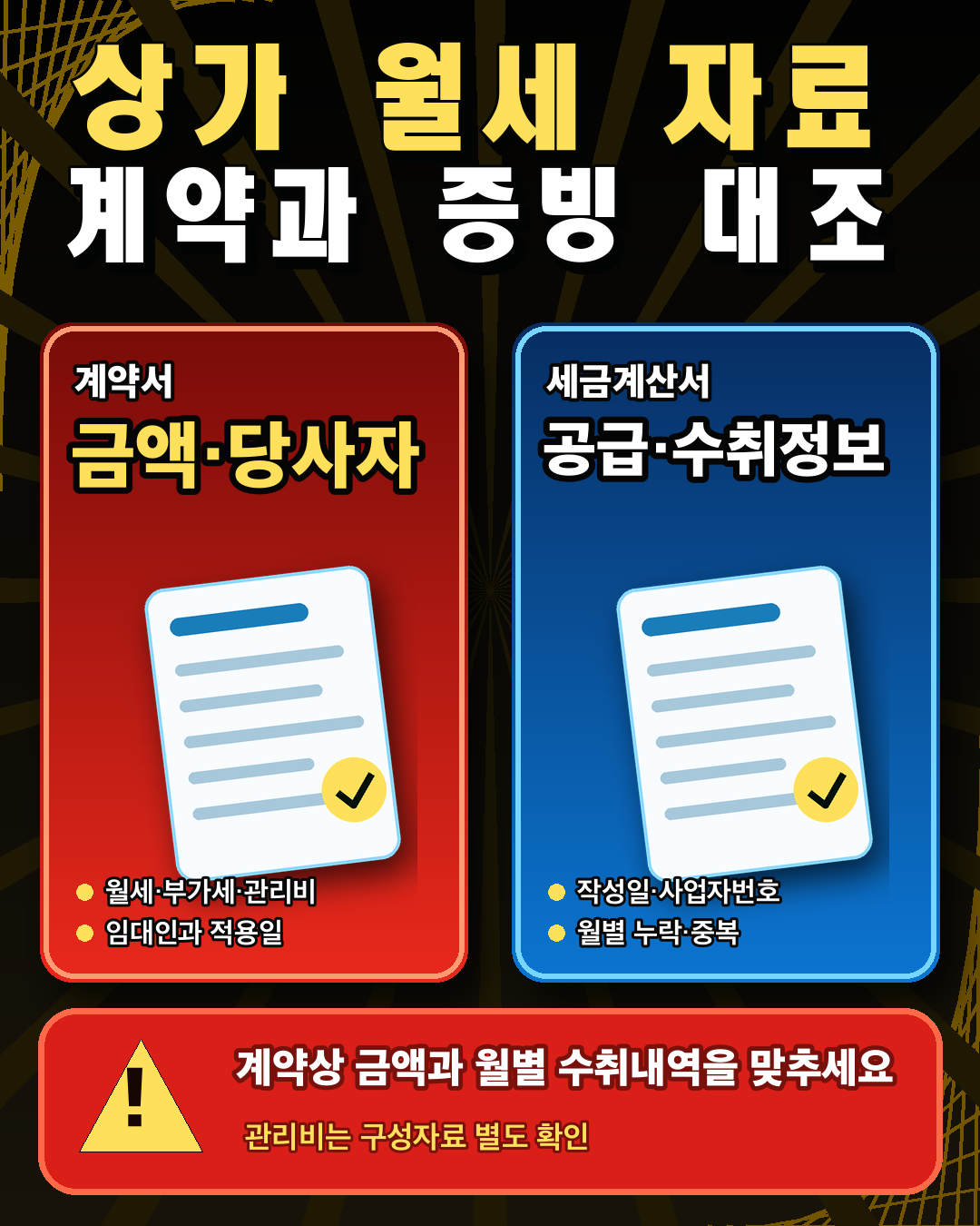 월세의 귀속월·지급일·세금계산서 작성일을 월별로 대조해 누락과 중복을 찾습니다.