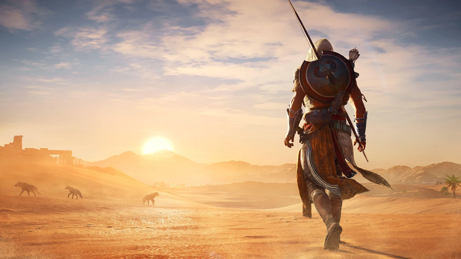 Bayek Walking In Desert Sunset - Video Game Screenshot 4K Wallpaper (3840x2160)