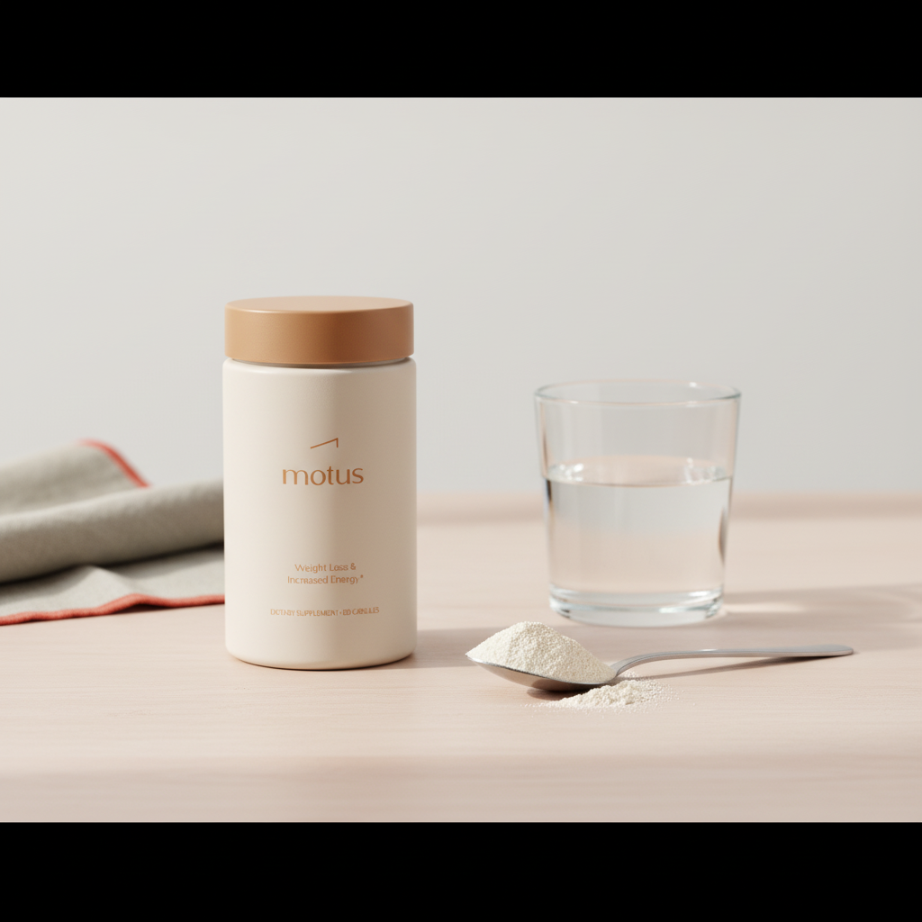 Close-up of Tonum Motus jar with a spoon of psyllium powder and a glass of water on a wooden table against a minimalist #F2E5D5 background, psyllium for weight loss