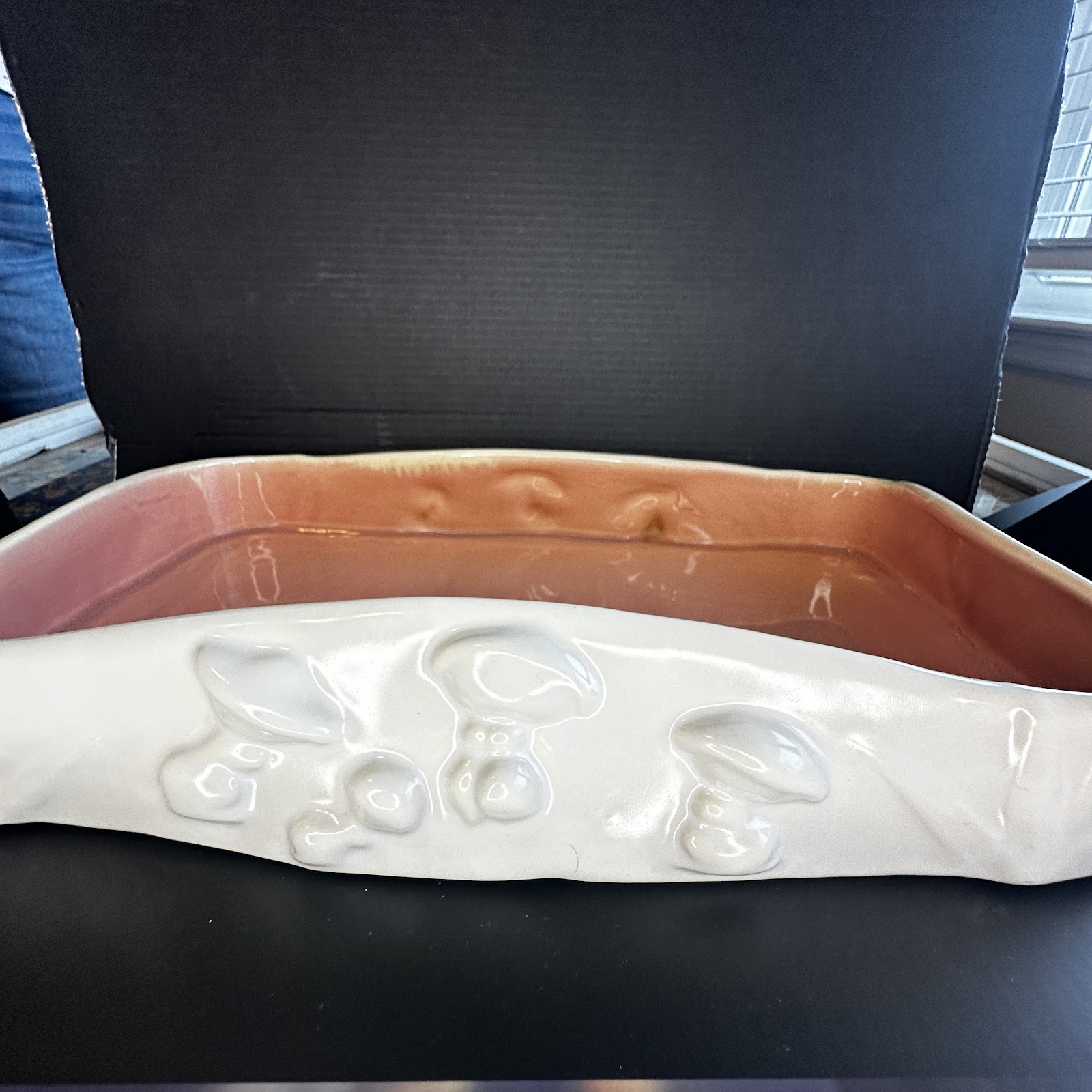 White ceramic planter or dish with raised relief figures of Doc, Sleepy, and Happy from Snow White and the Seven Dwarfs, 1950s–1960s Walt Disney Productions