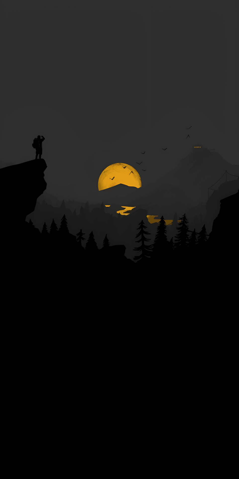 Minimalist Dark Forest Hiker Silhouette Yellow Moon Landscape Art - Free 4K mobile Wallpaper