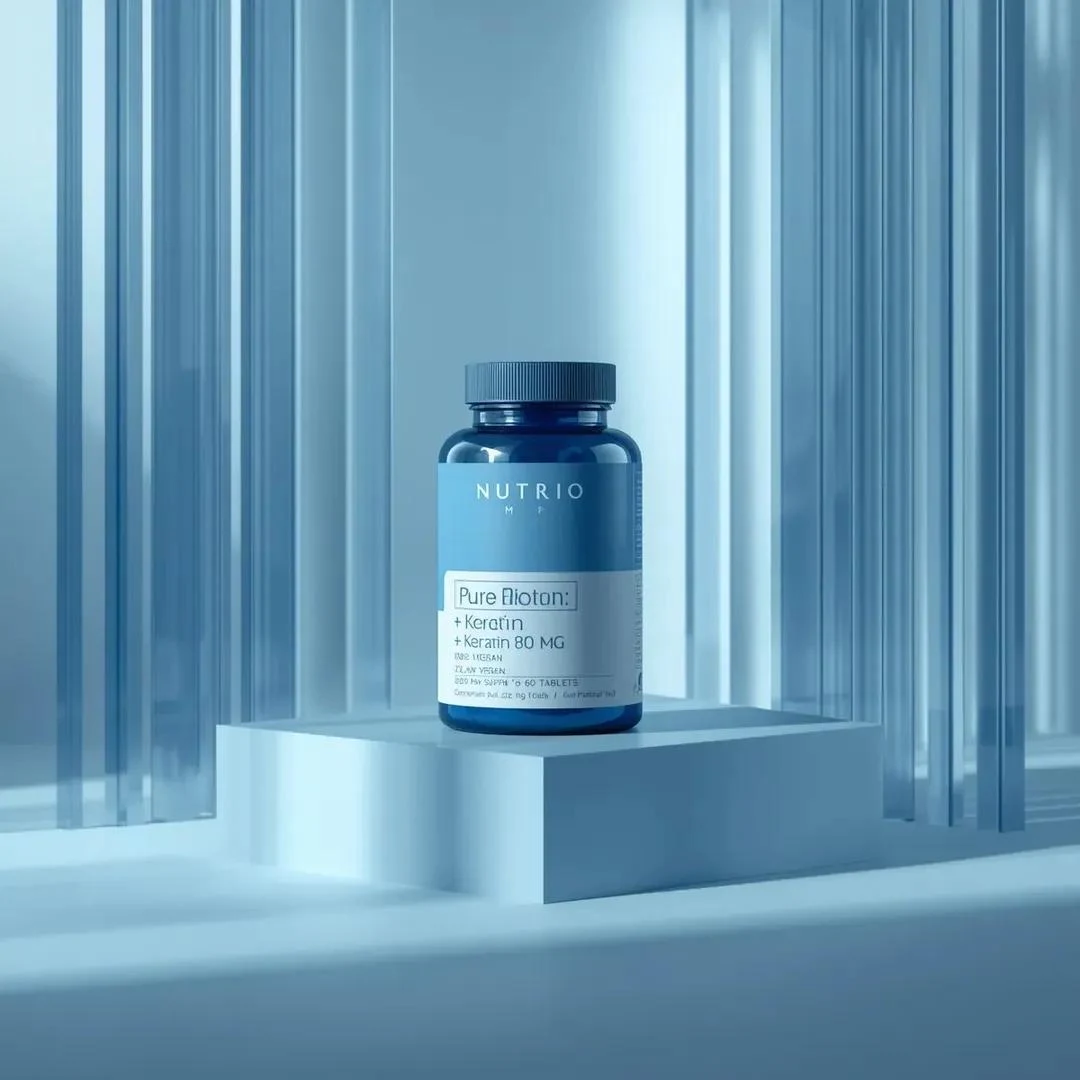 Fotografía de producto minimalista ultrarrealista que muestra un envase cilíndrico de suplementos con la etiqueta "NUTRIO...