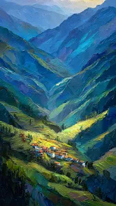 Impressionist Valley Village Oil Painting Mountain View